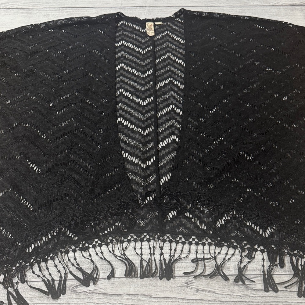 Miken Swim Open Front Black Crochet Swim Coverup